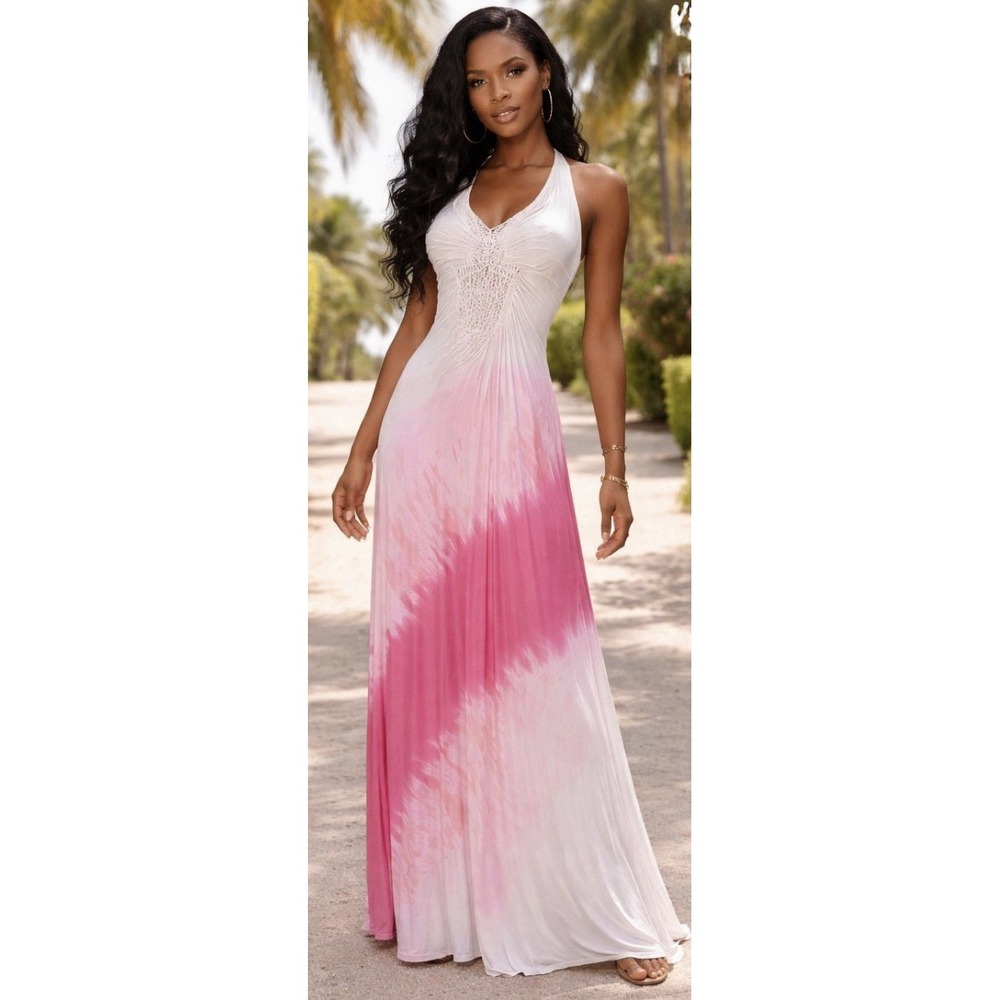 Sky Halter Maxi Pink/white Tie Die Dress Women's Size Small- Beach Vacation Boho